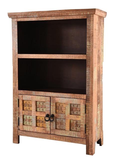 Hand Carved Re Claimed Natural Mango Hardwood 2 Door Small Bookcase