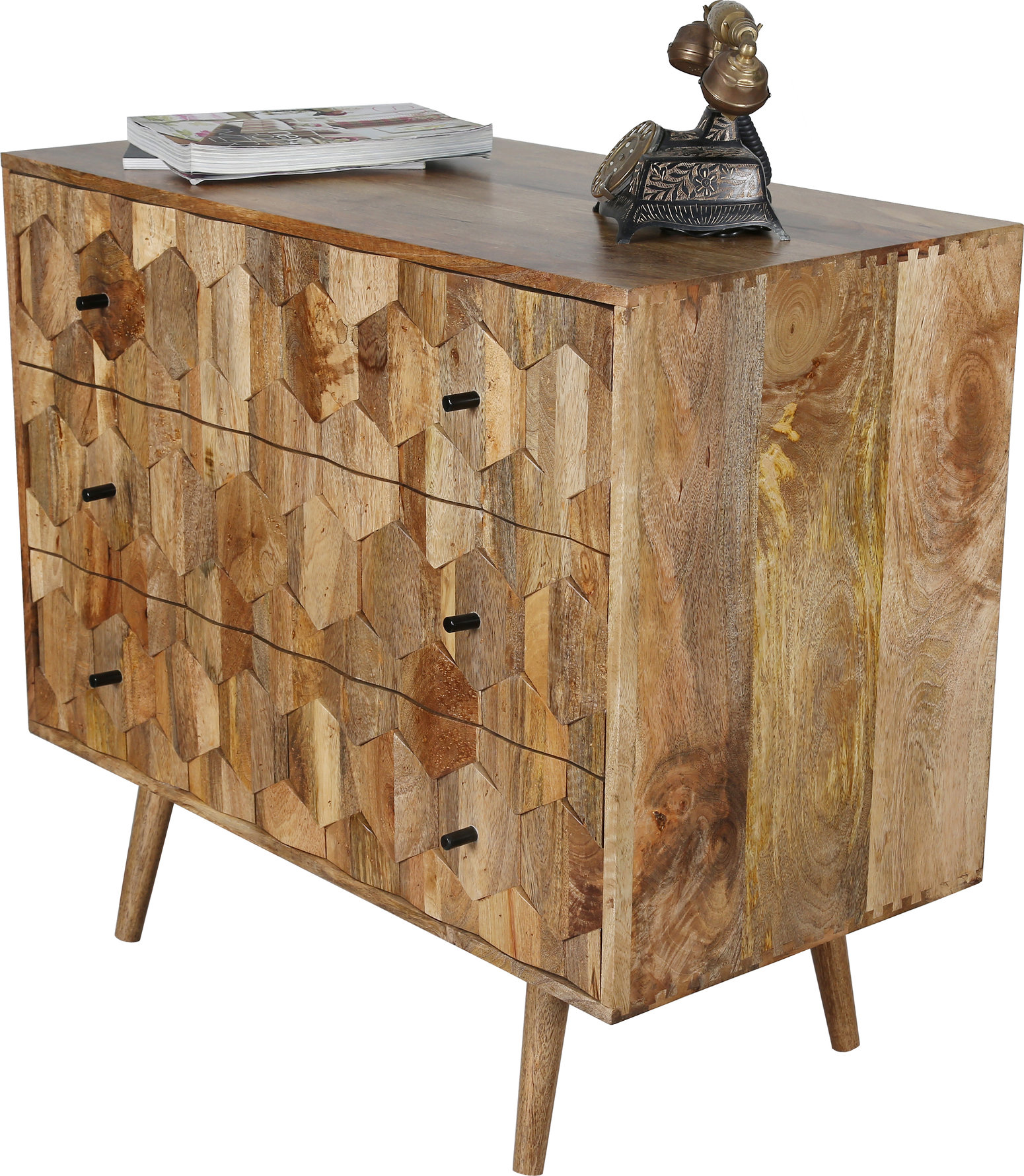 Unique Hexagonal Pattern Light Mango Chest Of 3 Drawers With