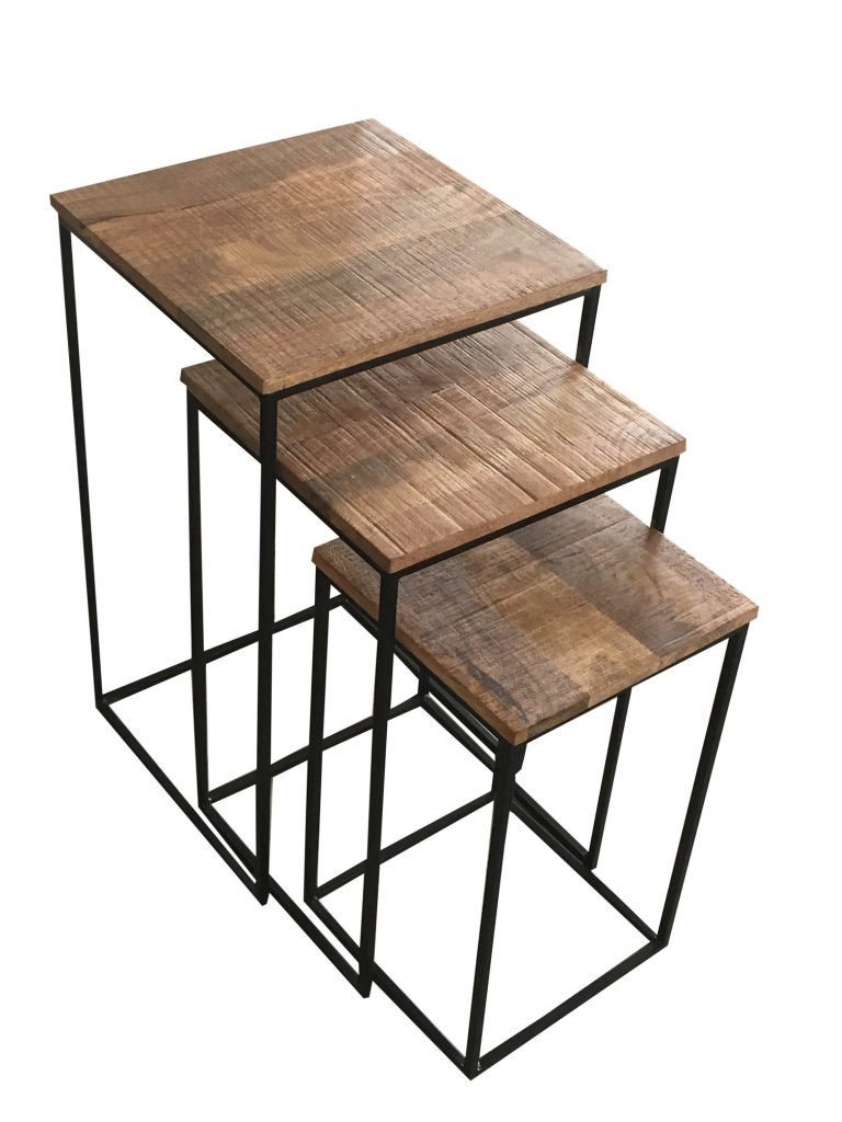 Industrial style light mango wood stool set 3pcs with metal stand