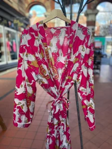 Pink Crane Print Kimono Robe – Handmade with 100% Cotton