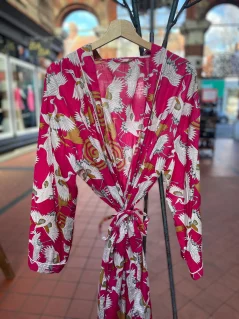 Pink Crane Print Kimono Robe – Handmade with 100% Cotton