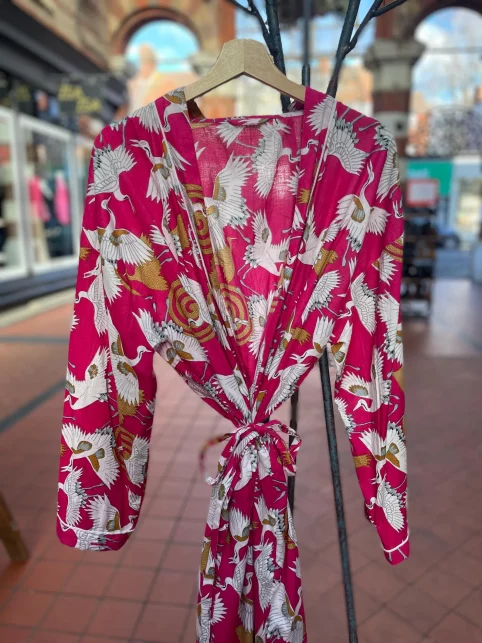 Pink Crane Print Kimono Robe – Handmade with 100% Cotton