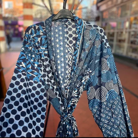 100% Cotton Kimono Robe in Blue Patchwork Print