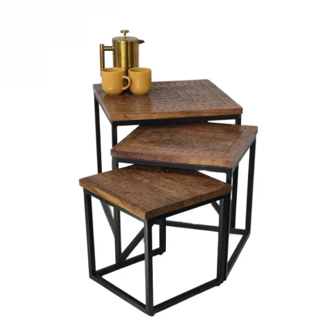 Acacia wood Square Set 3 Nesting tables Hand Carved 5 Acacia wood Square Tables