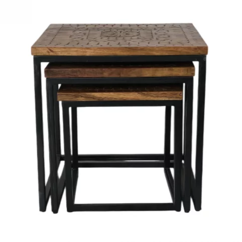 Acacia wood Square Set 3 Nesting tables Hand Carved 6 Acacia wood Square Tables