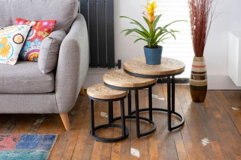 Mango Wood Hand Carved Set Of 3 Round Nesting Side Table's 2 Round Nesting Side Tables
