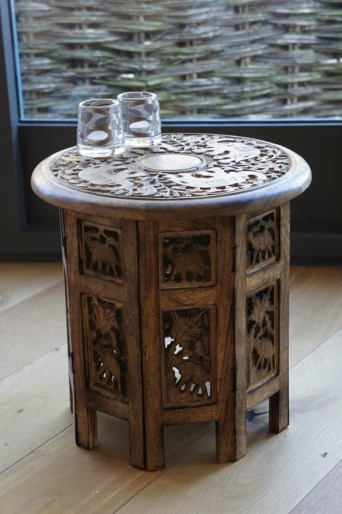 Mango wood Elephant Carved Octagonal Side Table 3 Mango Wood Side Table