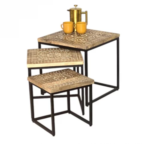 Mango wood Nest of 3 Hand carved square Tables 5 Mango wood Nest Of Tables