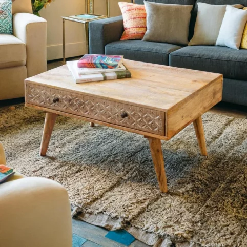 Mango wood Coffee table with hand carved drawer 1 Mango Wood Coffee Table