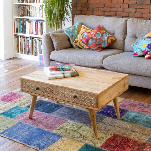 Mango wood Coffee table with hand carved drawer 2 Mango Wood Coffee Table