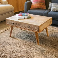 Mango wood Coffee table with hand carved drawer 3 Mango Wood Coffee Table