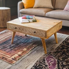 Mango wood Coffee table with hand carved drawer 4 Mango Wood Coffee Table
