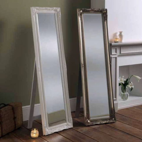 white silver ornate leaner cheval mirror