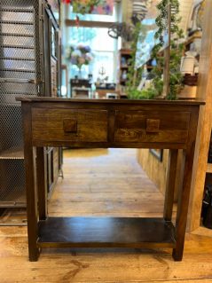 dark mango wood hall way table with drawers and shelf