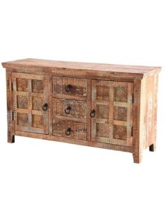 Handcarved Handpainted Indian Rustic light mango wood 3-Drawer and 2-Door Sideboard