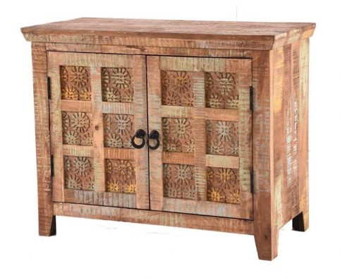 Handcarved Indian Rustic Painted Wooden 2-Door Sideboard Handcarved Indian Rustic Painted Wooden 2-Door Sideboard