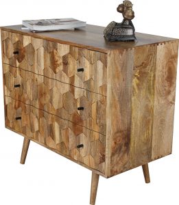 Unique hexagonal pattern light mango chest of 3 drawers with wooden legs