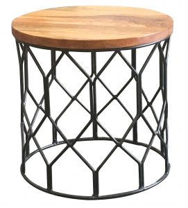 light mango wood side table with a round patterned metal base