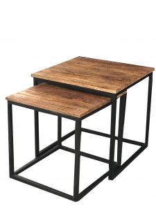 Industrial style light mango wood nest of 2 tables with metal stand