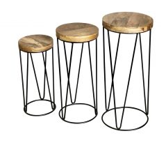 Industrial style light mango wood top round stool set of 3 pcs with metal frame