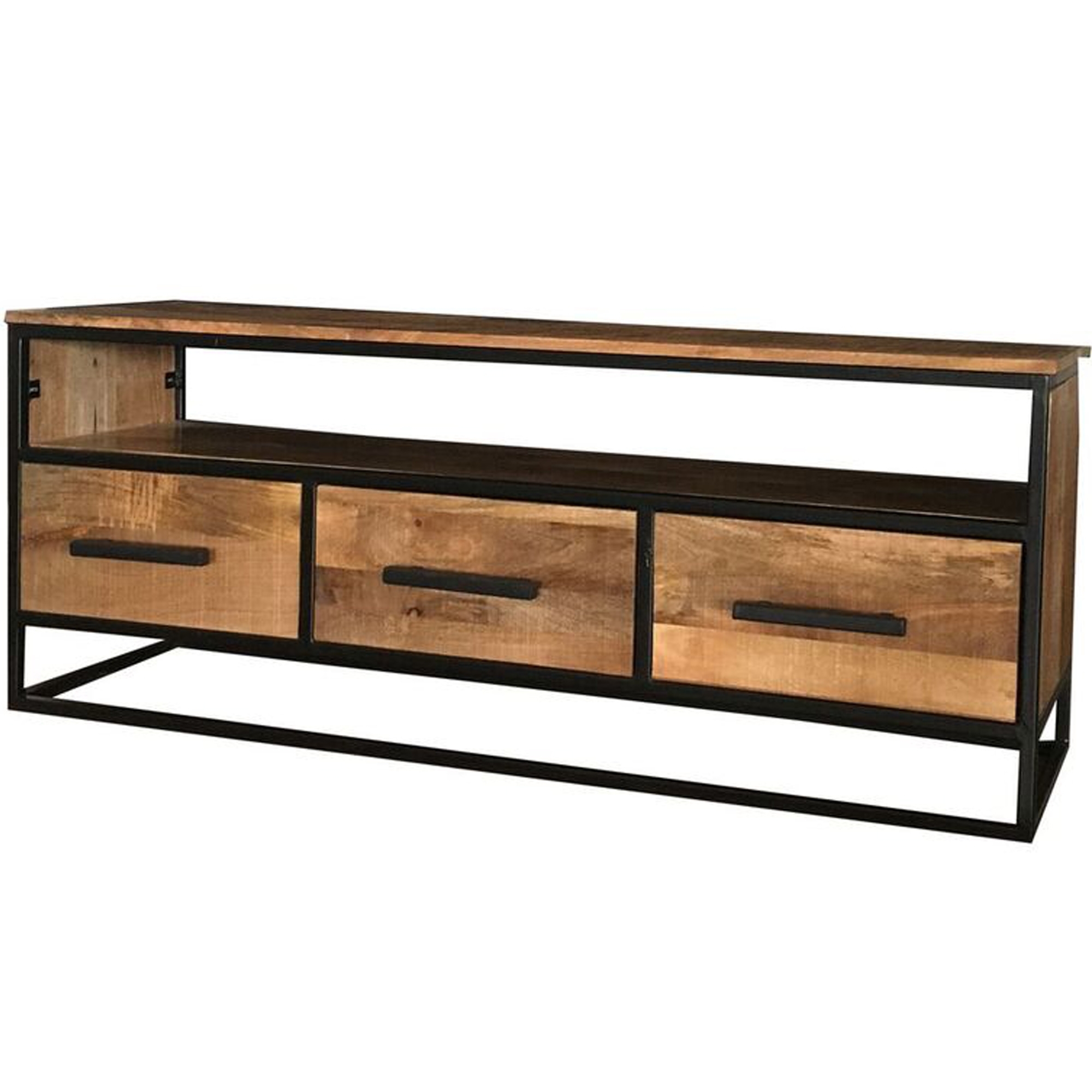 Industrial Style Light Mango Wood 3drawer Media Unit with Metal Frame