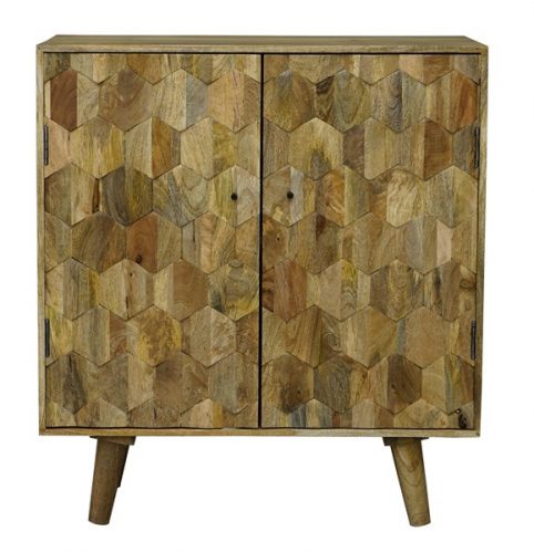 light mango wood 2 door drinks cabinet wine buffet with handcarved hexagonal pattern