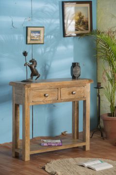 light mango wood 2 drawer console table lifestyle