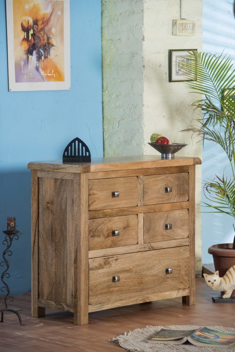 solid light mango wood 5 drawer unit lifestyle