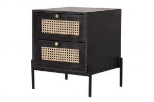 Dorset Bournemouth modern interior black mango wood bedside table with rattan drawers side