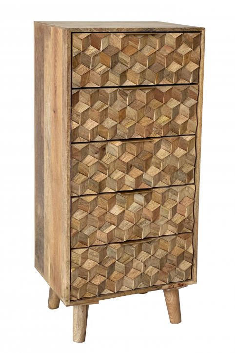 Light Mango wood 3D Geometric Tall Boy Chest of Drawers