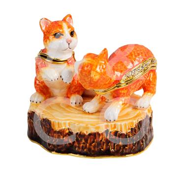 two tabby cats on log trinket box