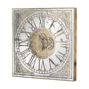 Large Mirrored Square Framed Clock With Moving Cog Mechanism