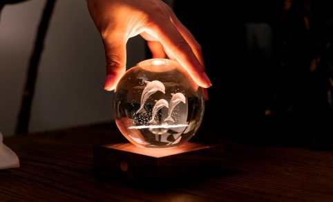 Award Winning Jumping Dolphins LED Lit-up crystal ball on wooden stand
