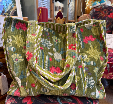green floral cotton velvet tote bag