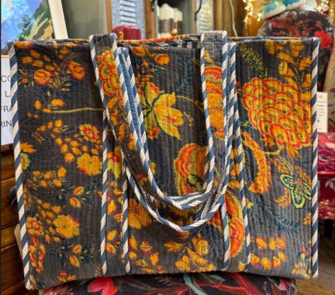 grey cotton velvet floral large tote bag