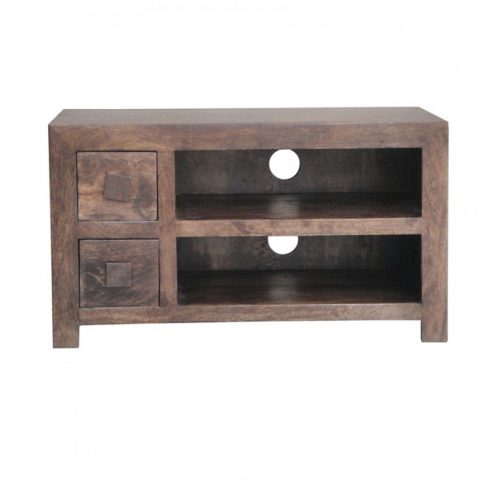 dark mango wood TV stand media unit with 2 drawers and 2 shelves