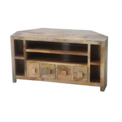 light mango wood corner media unit with 4 drawers