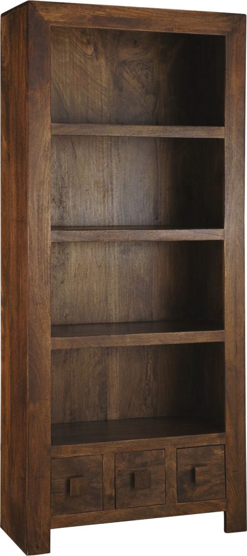 Dark Mango Wood Bookcase With 3 Drawers, Dark Brown Bookcase Uk