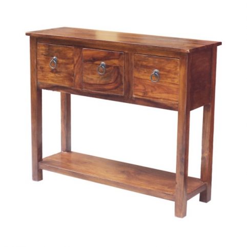 sheesham wood three drawer console table