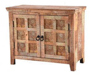 Handcarved Indian Rustic Painted Wooden 2-Door Sideboard