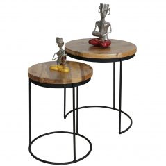 Set of 2 light mango wood round tables stools with metal legs