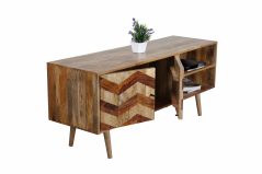 Zigzag themed TV cabinet in light mango wood with wooden legs Zigzag themed TV cabinet in light mango wood with wooden legs