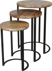 nest of 3 industrial style tables made with light mango wood top and metal stand