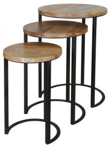 set of 3 light mango wood nest of 3 tables with round table top and metal iron stand