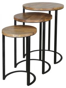 New furniture designs arriving in stock! 1 set of 3 light mango wood nest of 3 tables with round table top and metal iron stand