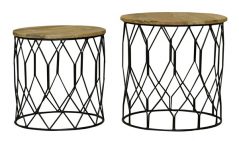 Light Mango Wood Round set of two Side Tables with a Patterned strong Iron Base