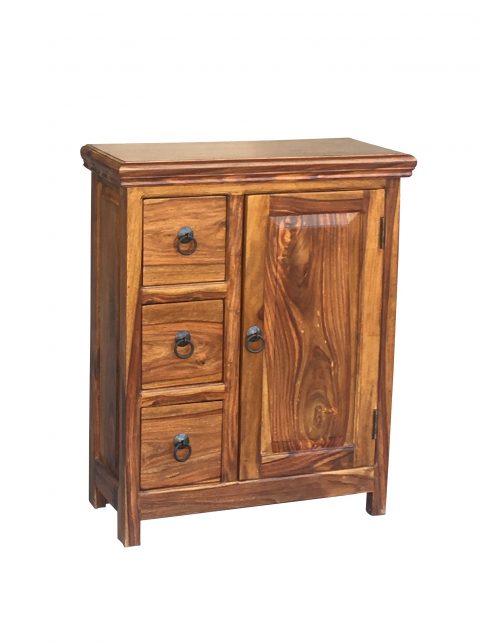 Small Sheesham wood cabinet with 3 drawers and 1 door