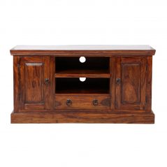 Sheesham wood TV stand with 2 shelves, 2 doors and 1 drawer