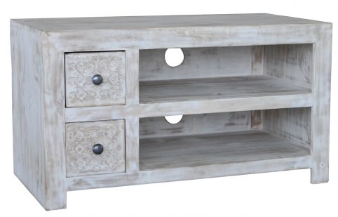 Hampi limed washed carved mango range small media unit Hampi limed washed carved mango range small media unit