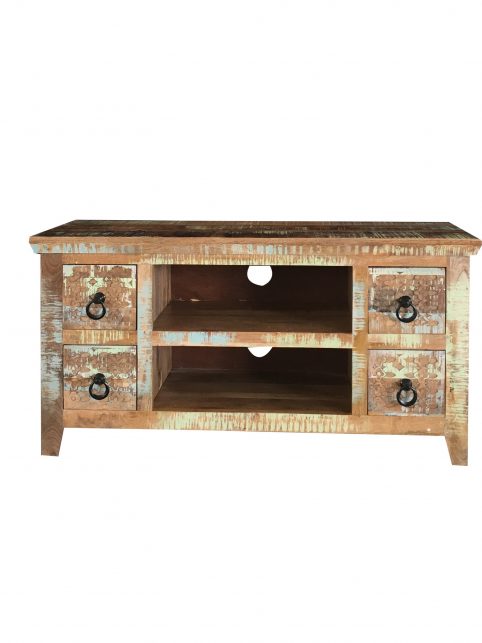 Hand-carved re-claimed natural mango hardwood small media unit